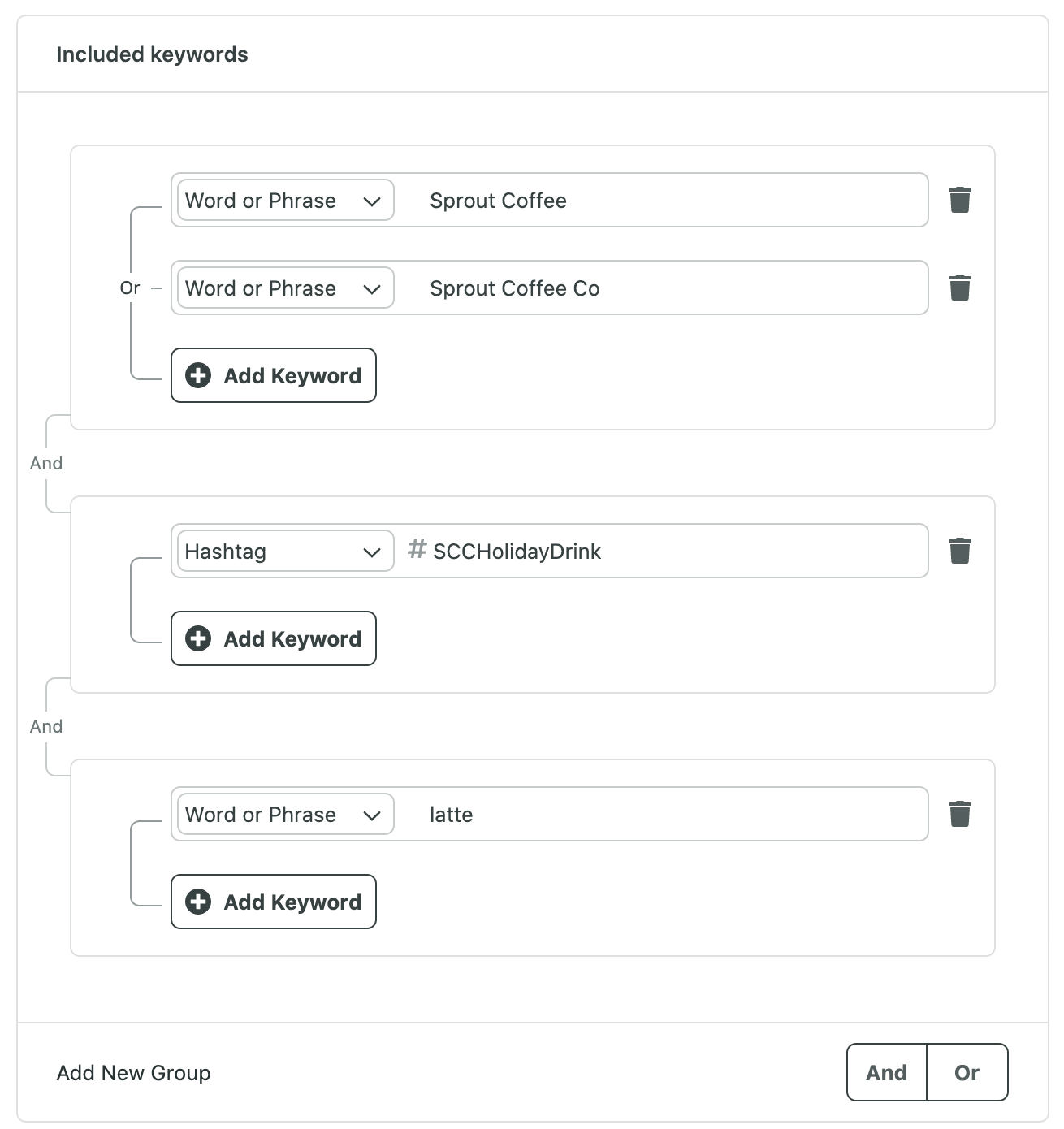 The Sprout Social listening query builder with several groups: by word or phase with the company name, hashtags and general terms. 